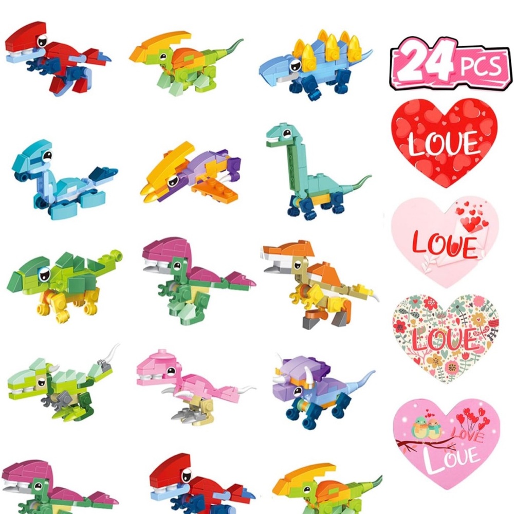 NIB 24 Pack Valentines Cards for Kids Dinosaur Building Block Stickers Boy Girl